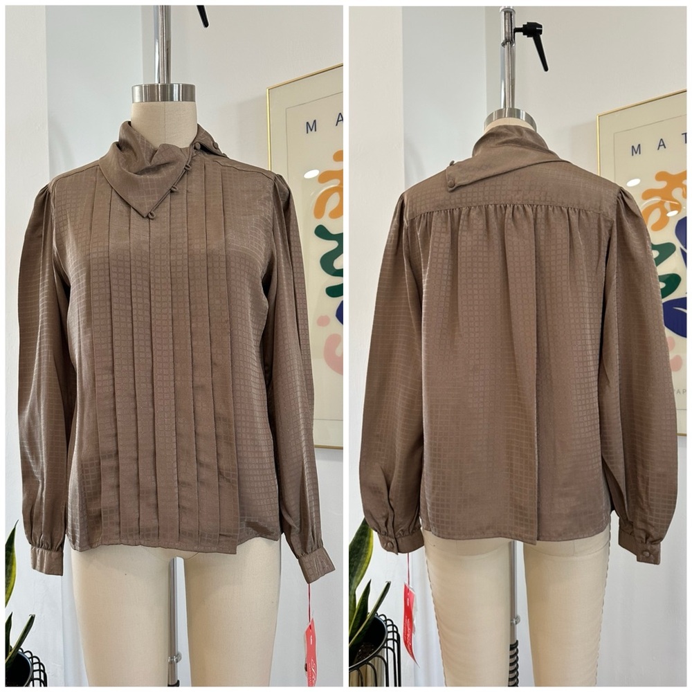 Vintage 70’s/80’s Pleated Grid print Long Sleeve Blouse